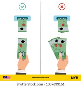 ATM terminal usage concept. Hand pushing money in to the atm machine slot. Flat design. Ringgit banknote vector illustration.