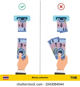ATM terminal usage concept. Hand pushing money in to the atm machine slot. Flat design. Thai baht banknote vector illustration.