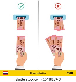 ATM terminal usage concept. Hand pushing money in to the atm machine slot. Flat design. Thai baht banknote vector illustration.

