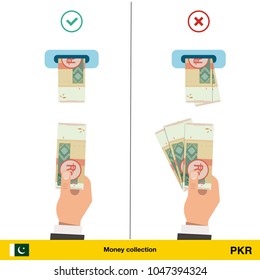 ATM terminal usage concept. Hand pushing money in to the atm machine slot. Flat design. Pakistan rupee banknote vector illustration.

