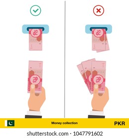 ATM terminal usage concept. Hand pushing money in to the atm machine slot. Flat design. Pakistan rupee banknote vector illustration.