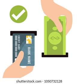 ATM terminal usage concept. Hand pushing credit card in to the atm machine slot and getting money from it. Vector