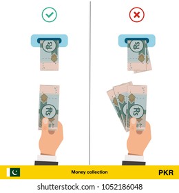 ATM terminal usage concept. Hand pushing money in to the atm machine slot. Flat design. Pakistan rupee banknote vector illustration.

