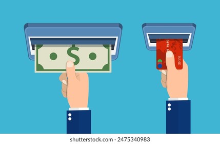 ATM terminal usage concept. Hand pushing credit card in to the atm machine slot and getting money bill from it. Flat design