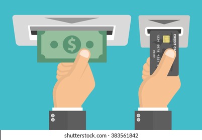 ATM terminal usage concept. Hand pushing credit card in to the atm machine slot and getting money bill from it. Flat design