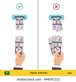 ATM terminal usage concept. Hand pushing money in to the atm machine slot. Flat design. Saudi Arabian Riyal banknote vector illustration.