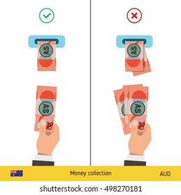 ATM terminal usage concept. Hand pushing money in to the atm machine slot. Flat design. Australian dollar banknote vector illustration.