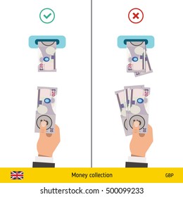 ATM terminal usage concept. Hand pushing money in to the atm machine slot. Flat design. British pound banknote vector illustration.