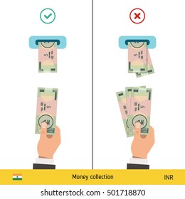 ATM terminal usage concept. Hand pushing money in to the atm machine slot. Flat design. Indian rupee banknote vector illustration.