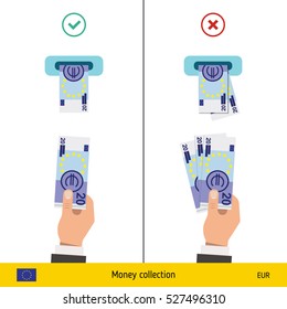 ATM terminal usage concept. Hand pushing money in to the atm machine slot. Flat design. Euro banknote vector illustration.