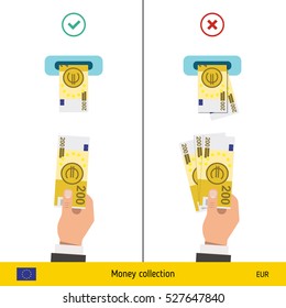 ATM terminal usage concept. Hand pushing money in to the atm machine slot. Flat design. Euro banknote vector illustration.