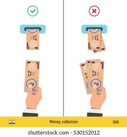 ATM terminal usage concept. Hand pushing money in to the atm machine slot. Flat design. Indian Rupee banknote vector illustration.