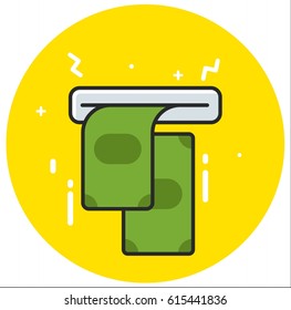 ATM terminal usage concept. Hand pushing credit card in to the atm machine slot and getting money bill from it.