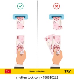 ATM terminal usage concept. Hand pushing money in to the atm machine slot. Flat design. Lira banknote vector illustration.
