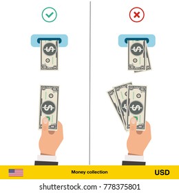ATM terminal usage concept. Hand pushing money in to the atm machine slot. Flat design. Dollar banknote vector illustration.