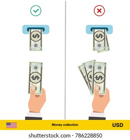 ATM terminal usage concept. Hand pushing money in to the atm machine slot. Flat design. Dollar banknote vector illustration.