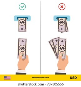 ATM terminal usage concept. Hand pushing money in to the atm machine slot. Flat design. Dollar banknote vector illustration.