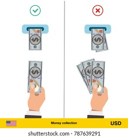 ATM terminal usage concept. Hand pushing money in to the atm machine slot. Flat design. Dollar banknote vector illustration.
