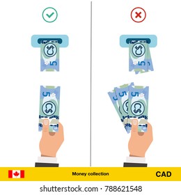 ATM terminal usage concept. Hand pushing money in to the atm machine slot. Flat design. Canadian dollar banknote vector illustration.