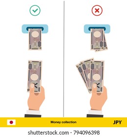 ATM terminal usage concept. Hand pushing money in to the atm machine slot. Flat design. Yen banknote vector illustration.