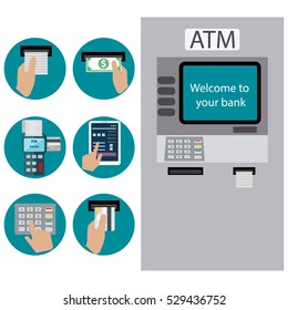 ATM terminal usage. Payment through the terminal. Getting money from an ATM card. Vector illustration, online banking