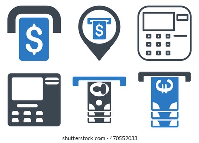 ATM Terminal vector icons. Icon style is bicolor smooth blue flat symbols with rounded angles on a white background.