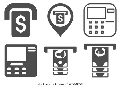 ATM Terminal vector icons. Pictogram style is gray flat icons with rounded angles on a white background.
