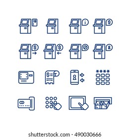 Atm terminal vector thin line icons set. Money and banking service, finance payment transaction illustration