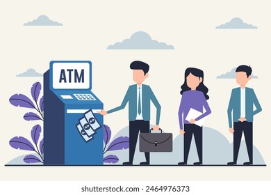ATM Transaction, Business Professionals Using Automated Teller Machine Illustration
