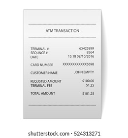 Atm Transaction Printed Paper Receipt Bill Vector