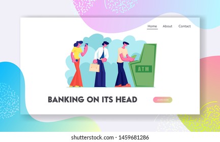 Atm Transaction Services, Banking Website Landing Page, Characters Waiting in Turn to Draw or Put Money to Automated Teller Machine. People Visit Bank Web Page. Cartoon Flat Vector Illustration Banner