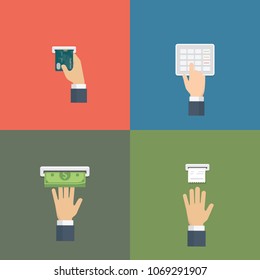 ATM usage activity. Human hand pushing buttons, insert credit card and getting money by hand