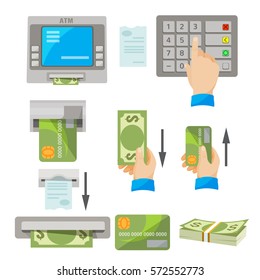 ATM usage concept vector set. Human hand pushing buttons, indications of inserting of credit card and getting money by hand, pack of dollars, white check, banking machine giving money and check