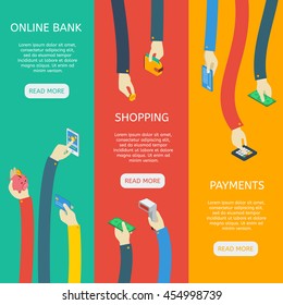 ATM usage isometric vertical banners with hands financial objects online bank shopping payments isolated vector illustration
