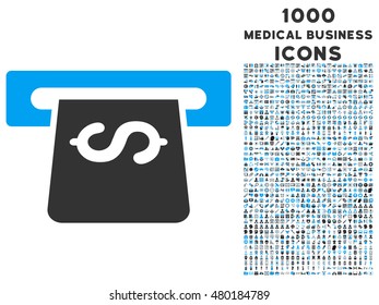 Atm vector bicolor icon with 1000 medical business icons. Set style is flat pictograms, blue and gray colors, white background.