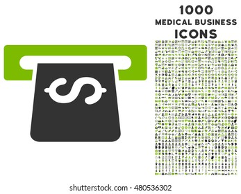 Atm vector bicolor icon with 1000 medical business icons. Set style is flat pictograms, eco green and gray colors, white background.
