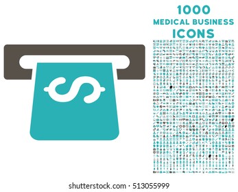 Atm vector bicolor icon with 1000 medical business icons. Set style is flat pictograms, grey and cyan colors, white background.
