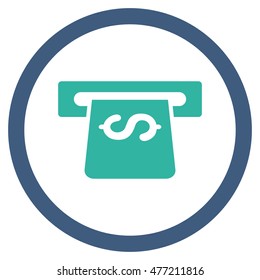 Atm vector bicolor rounded icon. Image style is a flat icon symbol inside a circle, cobalt and cyan colors, white background.