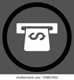 Atm vector bicolor rounded icon. Image style is a flat icon symbol inside a circle, black and white colors, gray background.