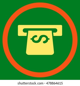 Atm vector bicolor rounded icon. Image style is a flat icon symbol inside a circle, orange and yellow colors, green background.