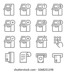 Atm Vektorillustration Symbol gesetzt. Sammlung automatisierter Illustrationsmaschinen. Einschließlich der Symbole wie Empfang, Übertragung, Transaktion, Sicherheit, Rücknahme, Einzahlung und mehr.