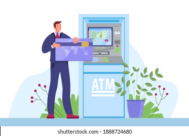 Máquina de dinero vectorial ATM, ilustración financiera de terminal de efectivo bancaria con el hombre de servicio, cliente, tarjeta de crédito. Concepto de transacción o pago de banca plana segura. Servicio al cliente de retiro de sueldo en efectivo ATM