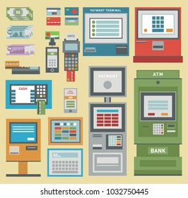ATM vector money pos-terminal hand credit card icons. Payment transfer atm mobile service automatic terminal. Money credit currency cash sign banking dollar money atm-machine