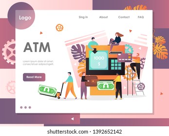 ATM vector website template, web page and landing page design for website and mobile site development. ATM machine transactions, cash deposit and withdrawal, payment using bank card.