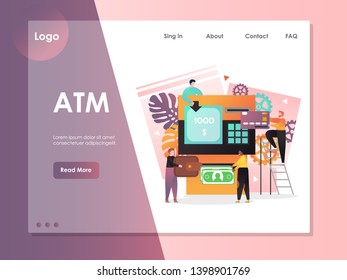 ATM vector website template, web page and landing page design for website and mobile site development. Making ATM deposit into bank account using plastic card concept.