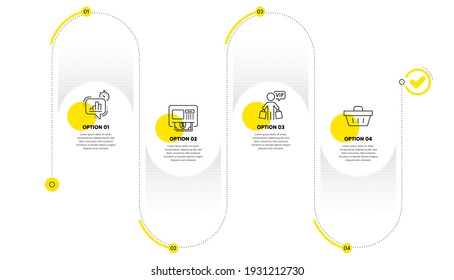 Atm, Vip shopping and Statistics timer line icons set. Timeline process infograph. Shopping basket sign. Money withdraw, Exclusive privilege, Growth chart. Sale offer. Finance set. Vector
