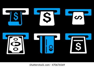 ATM Withdraw vector icons. Pictogram style is bicolor blue and white flat icons with rounded angles on a black background.