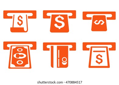 ATM Withdraw vector icons. Pictogram style is orange flat icons with rounded angles on a white background.