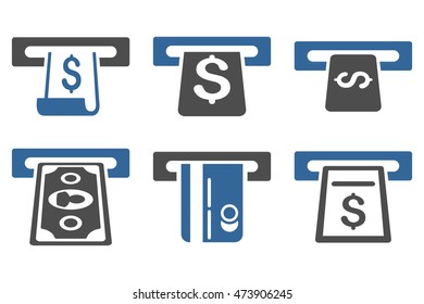 ATM Withdraw vector icons. Pictogram style is bicolor cobalt and gray flat icons with rounded angles on a white background.