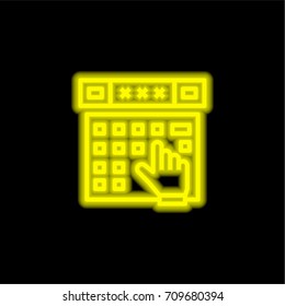 Atm yellow glowing neon ui ux icon. Glowing sign logo vector
